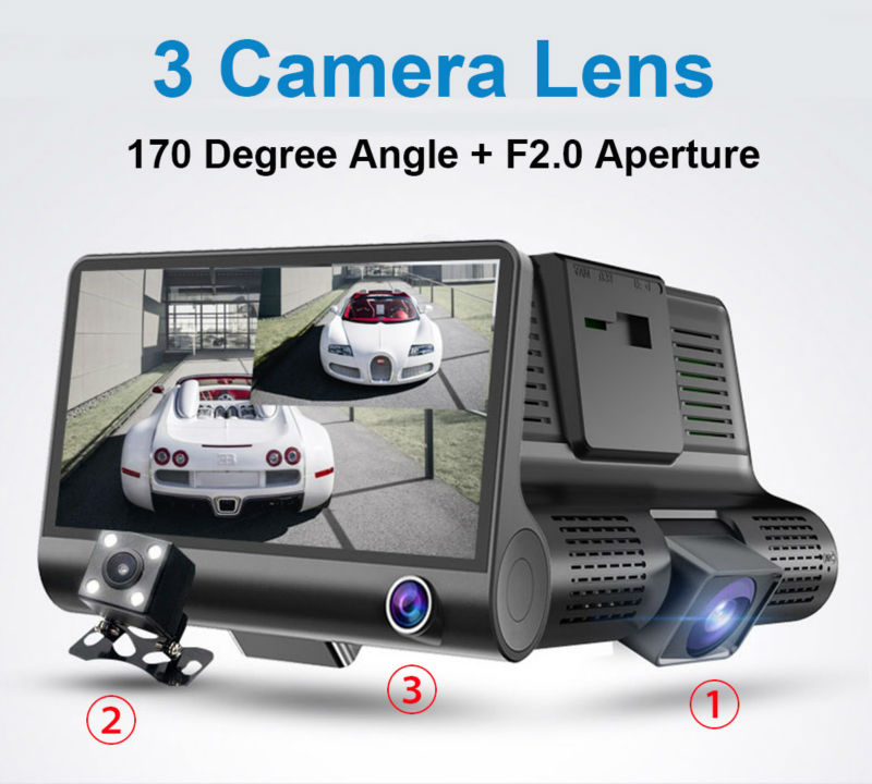 

3 cameras car DVR auto driving dashcam vehicle video recorder 4" display FHD 1080P front 170° rear 140° interior 120° night vision G-sensor