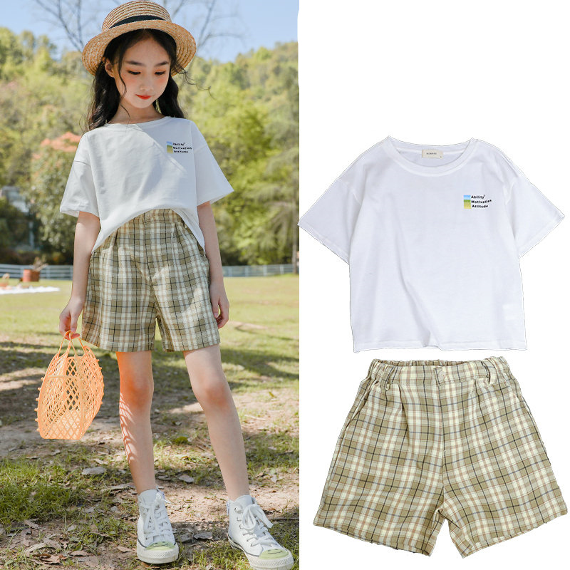 

Kids Girls Summer Clothing Set New Fashion Children Short Sleeve Tops + Plaid Shorts 2 pcs Set Teenager Girls Outfits 5-14Yrs, White
