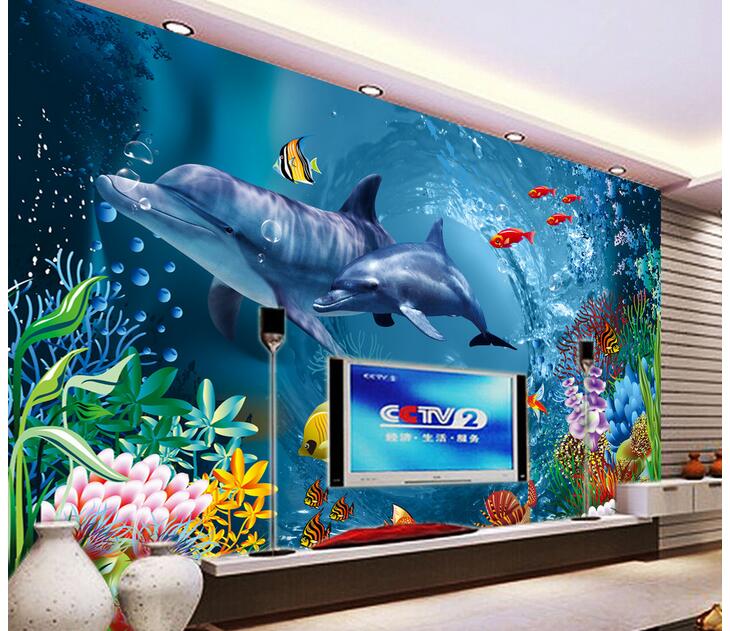 

WDBH custom photo 3d wallpaper Ocean dolphin fish grass coral painting home decor living room 3d wall mural wallpaper for walls 3 d, Non-woven