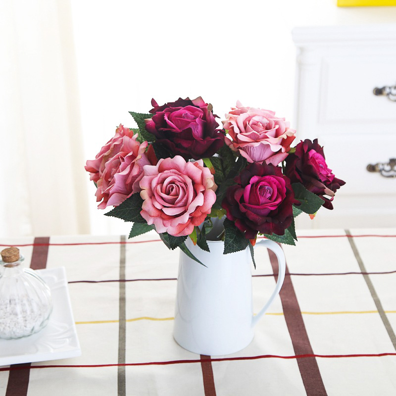 

9CM Silk roses Bride bouquet for Christmas home wedding new Year decoration fake plants artificial flowers bush decorative