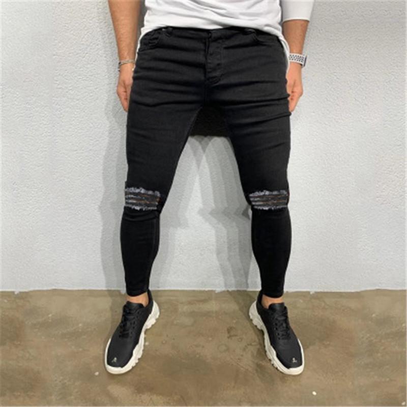 

Folds Hole Mens Jeans Fashion Hot Sell New Pure Black Casual Zipper Slim Elastic Pants Plus Size Spring Autumn Male Clothing