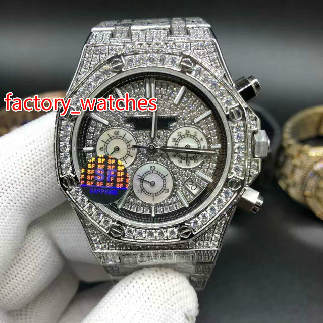 

Full diamonds shiny quartz watch 41mm bling iced silver steel case silver diamond face VK Chronograph full iced watches free shipping