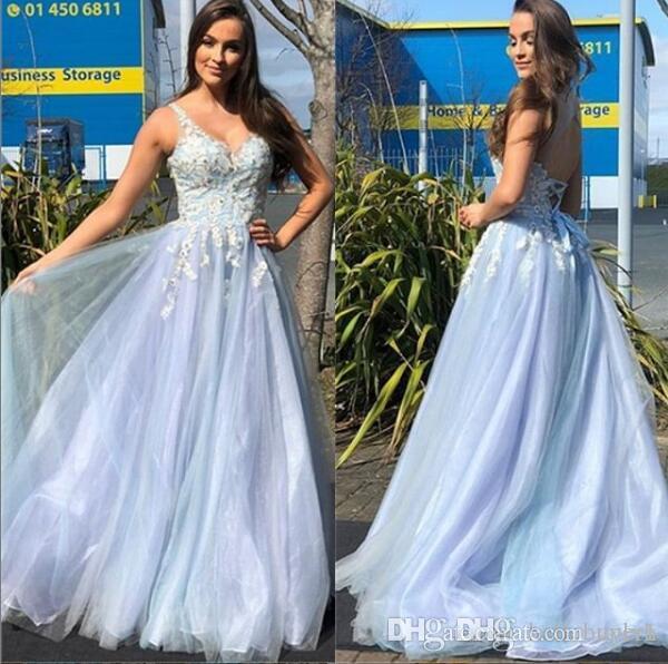 

2019 New Cheap A Line Tulle Blue V Neck New Prom Dresses Long Formal Dresses Evening Plus Size sweet 16 Dresses, Pink