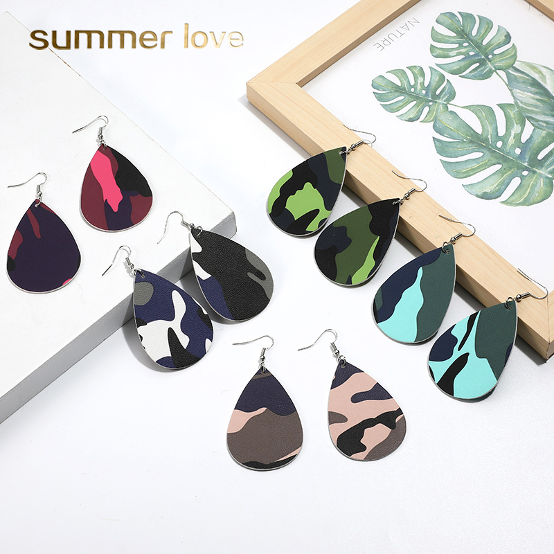 

2019 New Classic Camouflage Faux PU Leather Dangle Earrings for Women Bohemian Water Drop Earring Two Sides Printing Fashion Design Jewelry