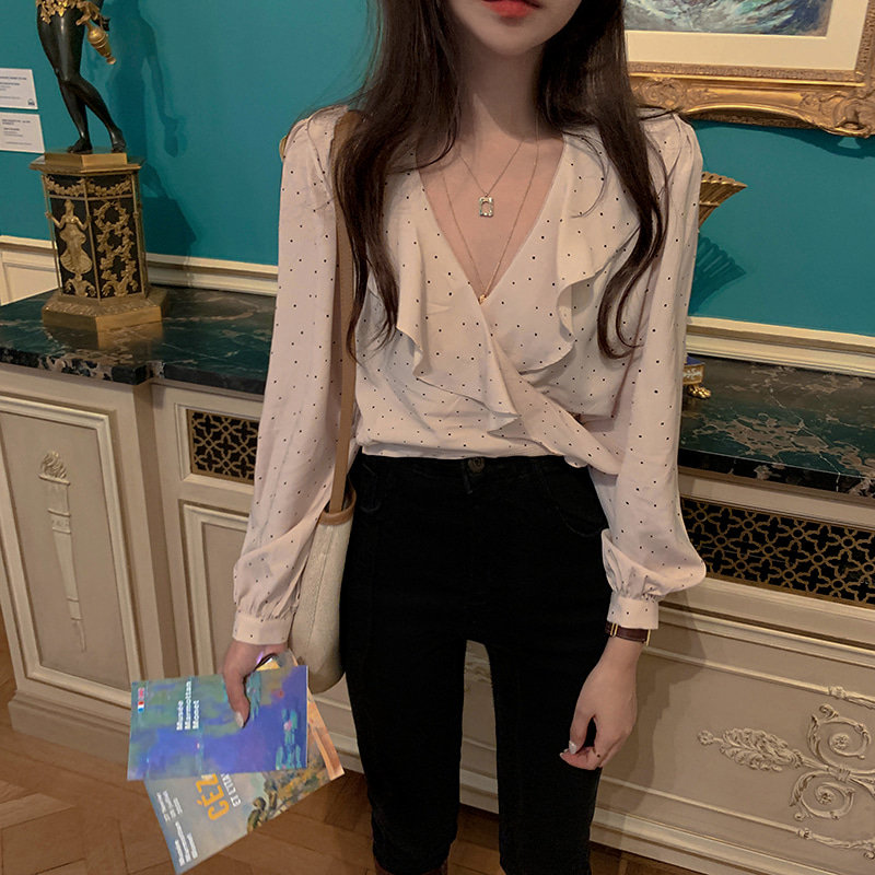 

Alien Kitty 2020 Ruffles Chiffon Polka Dots Sexy Streetwear New Design Tops All-Match Vintage V-Neck Sexy High Waist Shirts, Beige