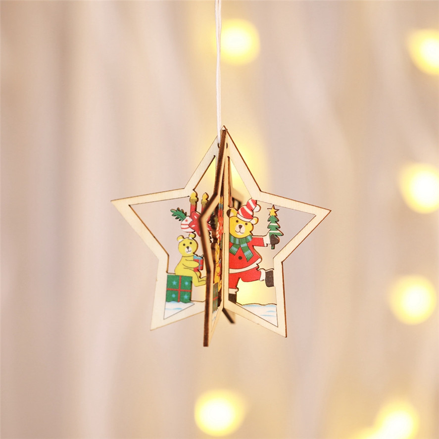 

New Christmas Wooden Tree Pendants 1PC Christmas Tree Small Pendant Wooden Five-pointed Star Bell Xmas Decorations 0816#30