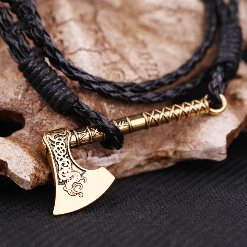 

BF16 Europe and America Viking Dragon Amulet Axe Pendant Bracelet Black Woven Leather Knotted Bracelet, Golden;silver