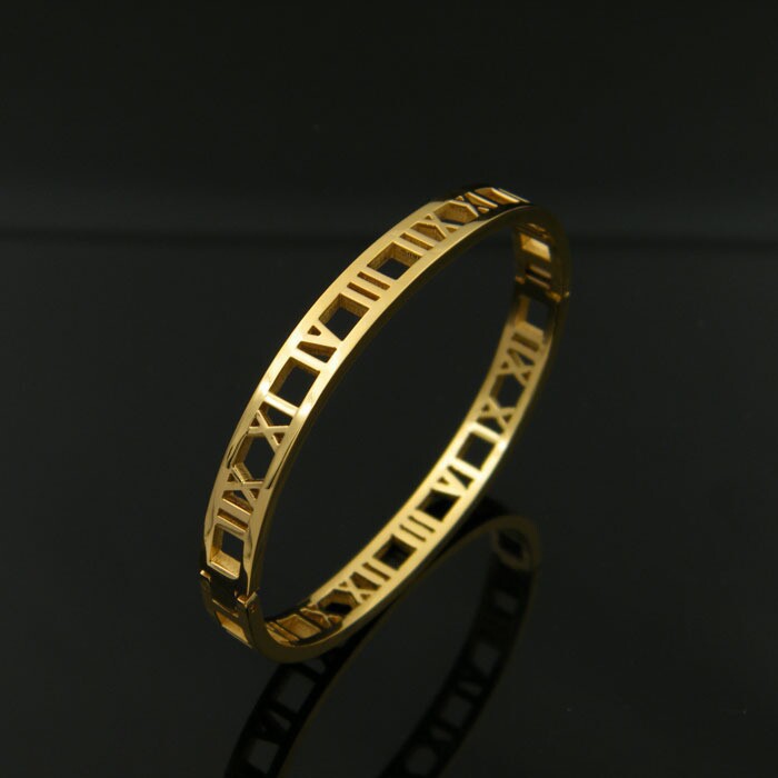 

Bangle Fashion Titanium Steel Roman Number Yellow Gold Color Hollow Letter For Women Wedding Party Jewelry