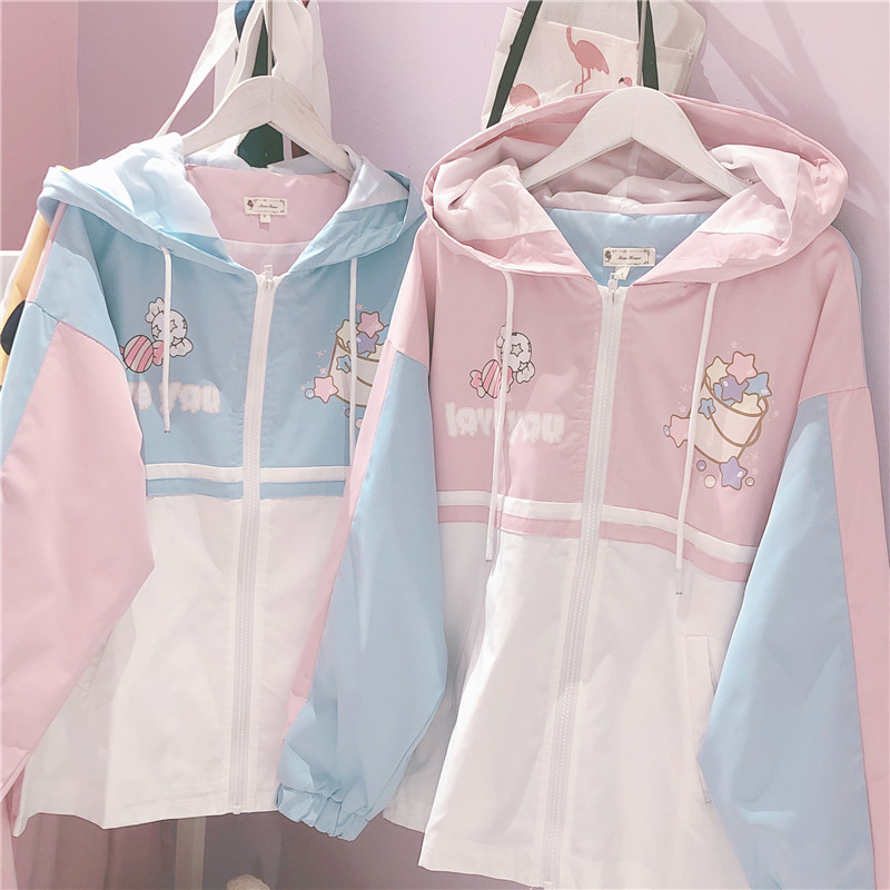 

Harajuku Mori Girl Patchwork Loose Cartoon Printed Zipper Jacket Soft Sister Autumn Students Japanese Women's Hooded Short Coat, Sky blue