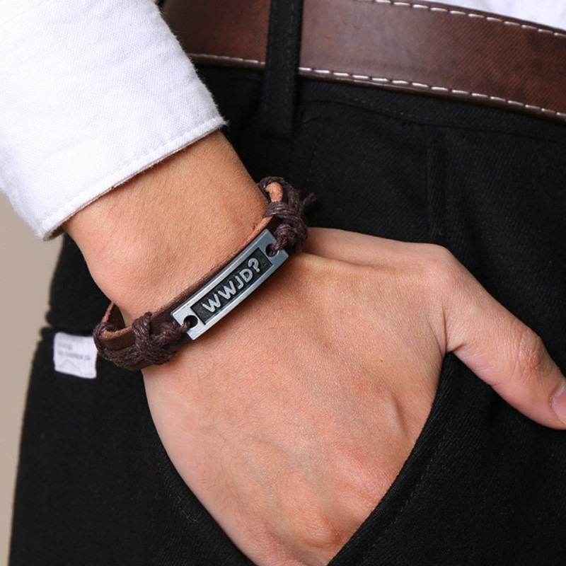 

WWJD Bracelet Handmade Rope Chain What Would Jesus Do Leather Bangle Adjustable Christian Men Jewelry