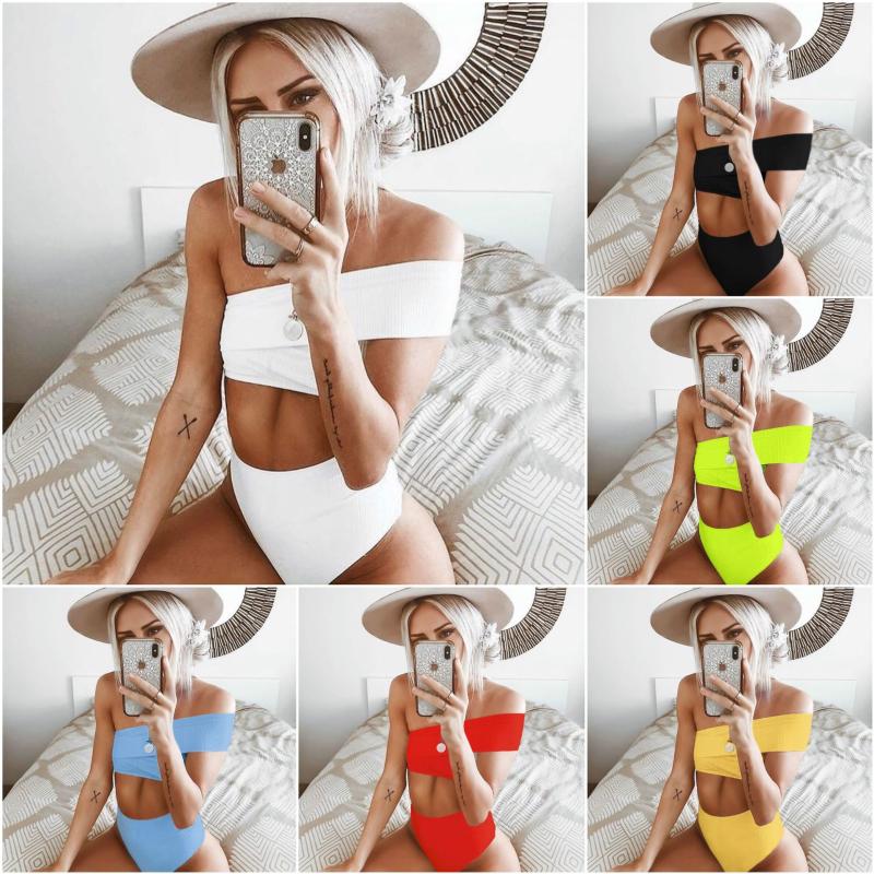 

single shoulder swimsuit high waisted bathing suits irregular strap bikini high waist swimwear solid bikinis 2019 mujer monokini