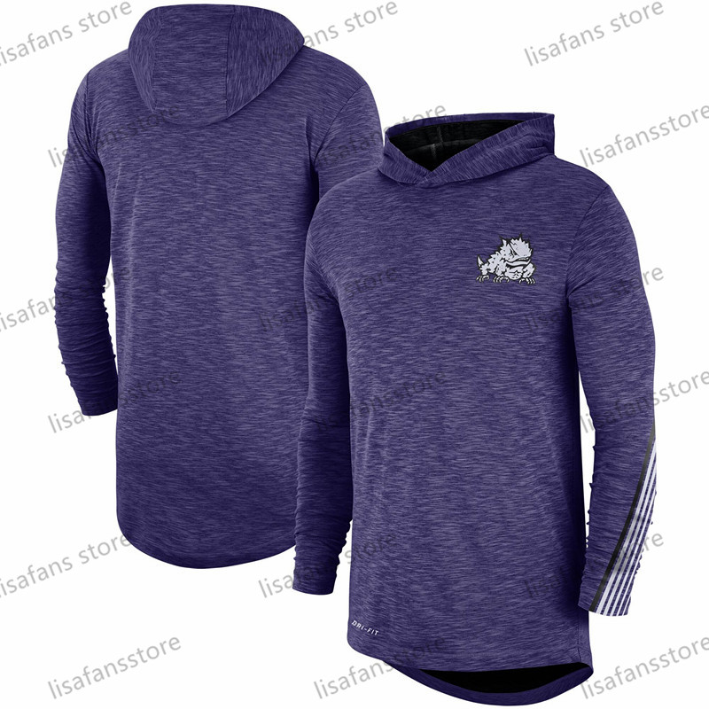 

TCU Horned Frogs Purple Tops Sideline Long Sleeve Hooded Performance Top Tee Printed Team Color College T-Shirts Size S-4XL, Black
