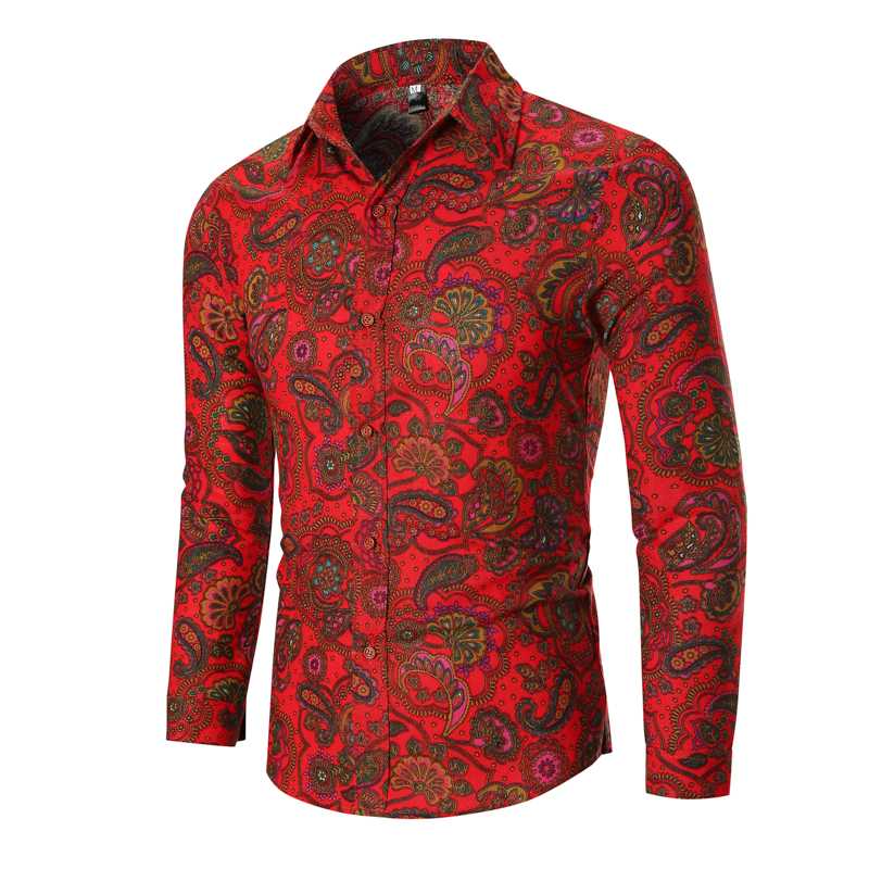 

Fashion Flower Shirt For Men Linen Hawaiian Style Mens Dress Shirts Long Sleeve Male Blouse Autumn Red Black New, Red 1503a-c69-p30