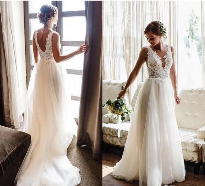Classic 2020 A Line Lace Wedding Dresses V Neck Back Sleevless Tulle Bridal Gowns Summer Beach Soft Dress For Wedding Plus Size