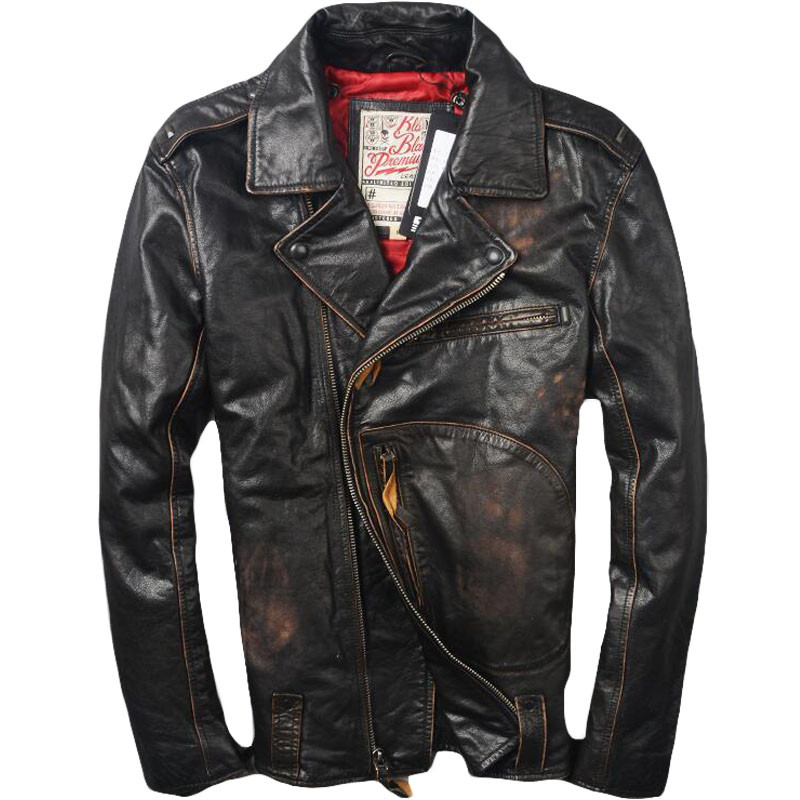 

2019 Vintage Black Men's Biker Leather Jacket Diagonal Zipper Plus Size XXXL Genuine Cowhide Motorcyclist Jacket FREE SHIPPING
