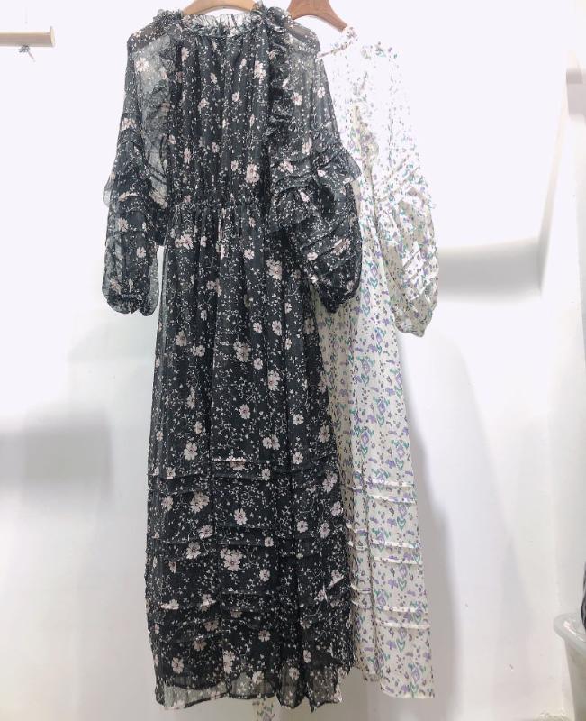 

Woman Black Green Floral Print Midi Dress V-NECK Long Sleeves Ruffled Detail Fashion dress 2020