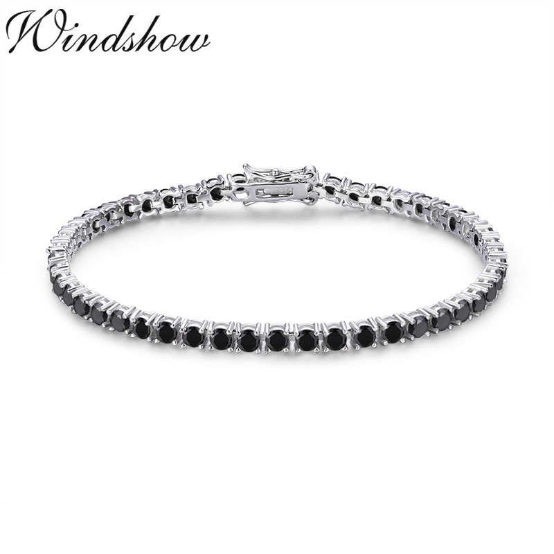 

3mm 925 Sterling Silver Cluster Round Black CZ Ziron Tennis Bracelets Pulseras Pulseira Bracelete Women Jewelry Girl Friend Gift CX200702