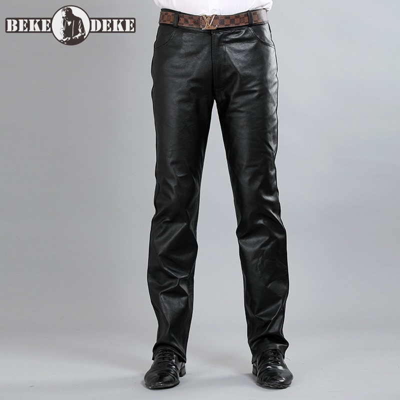 

Winter Business Casual Windproof Genuine Leather Pants Men Brand 2020 New Warm Sheepskin Straight Trousers Motorcycle Pants, Black