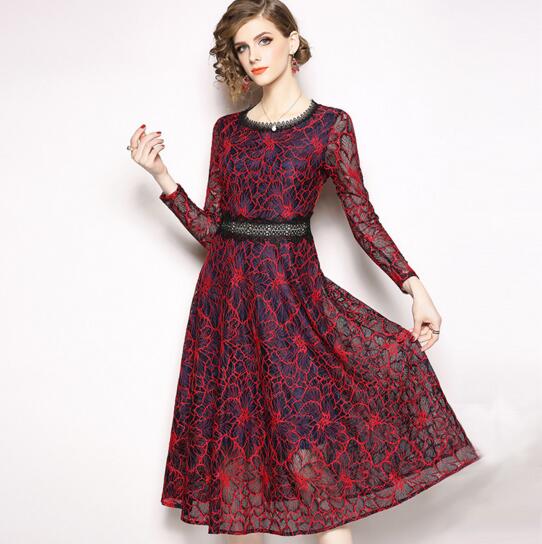 

Autumn new temperament ladies long sleeve retro hollow lace skirt, Red