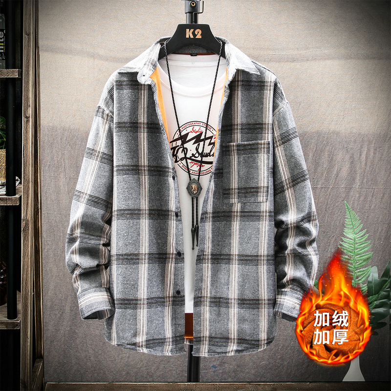 

Hip Hop Thicken Loose Men Shirt Lattice Black Casual Shirt Men Camicia Uomo Korean Student Mens Coat Oversized BB60NCS