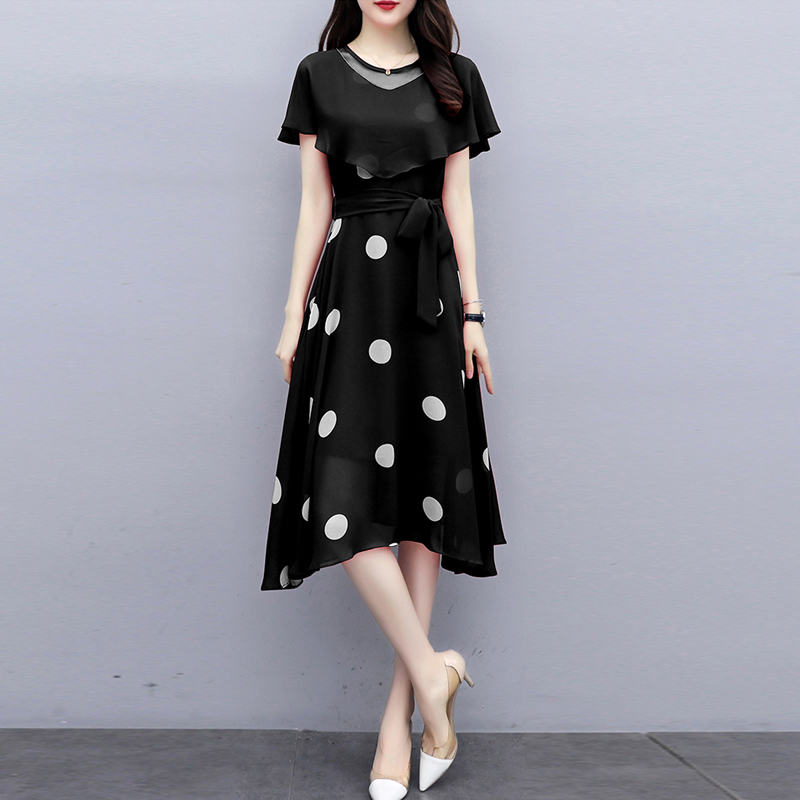 

2020 Spring Summer Dot Dress Women Fashion Bat sleeves Chiffon Dresses Elegant Plus Size Slim Ladies Dresses Vestidos 5XL H061, Black