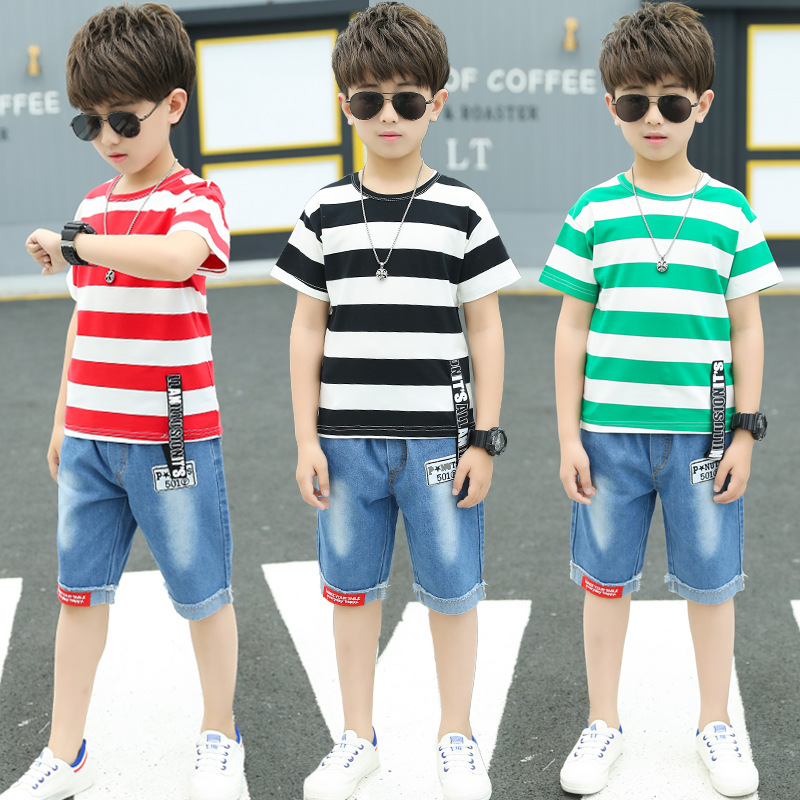 

2020 New Teenage Boys Girls Summer Cartoon Striped T Shirt + Denim Shorts Clothes 2pcs Sets Children Kids Jeans Pants Clothing, Black