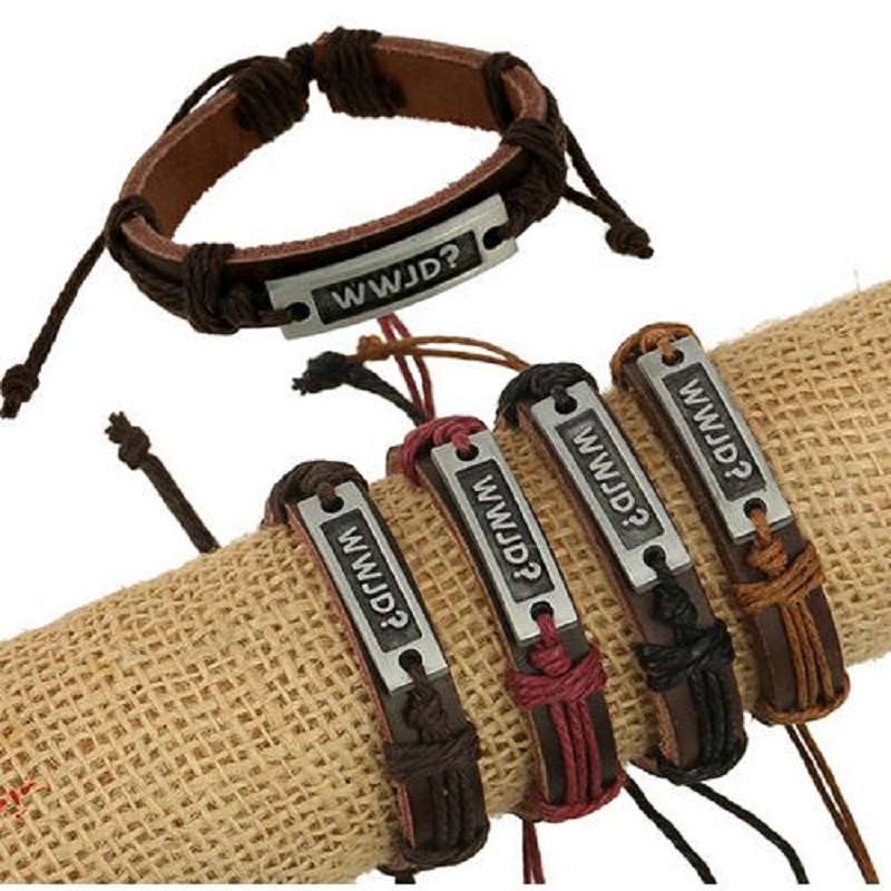

Tibetan Ethnic Vintage Leather Jewelry Cuff Bracelet for Women Letter WWJD Geometric Metal Studded Hand Wristband Wrap Bracelet