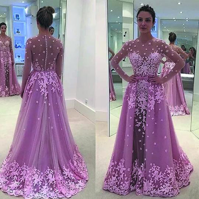 

vestido de festa Lace Applique Pink Evening Dress 2020 Detachable Train Elegant Long Sleeve Cheap Prom Dresses Party Gown, Blue
