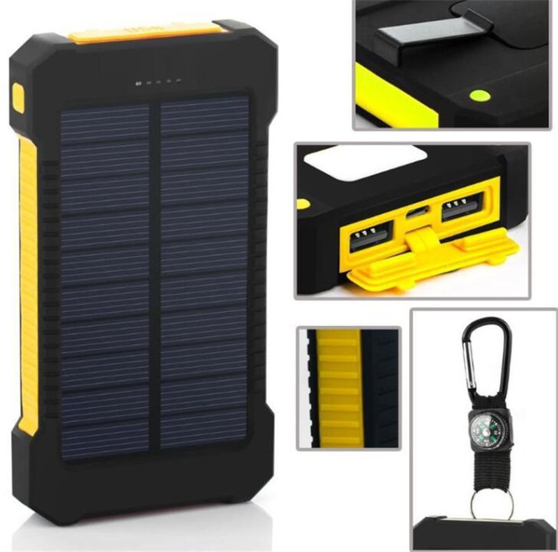 

20000mah solar power bank Charger with LED flashlight Compass Camping lamp Double head Battery panel waterproof outdoor charging free DHL