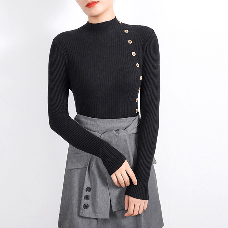 

Women Pullovers Sweater 2019 New Knitted Autumn Winter Spring Fashion Sexy Elegant Buttons Casual Ladies Tops, White