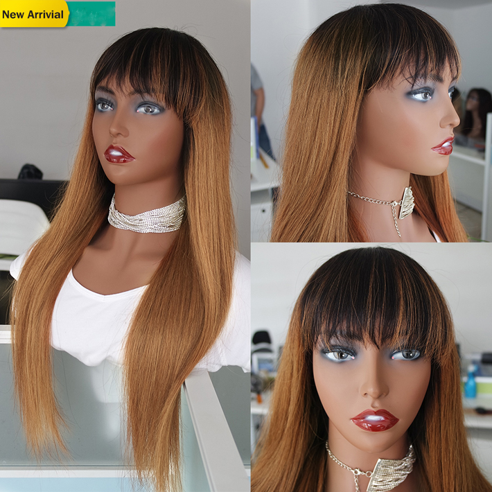 

Blonde Ombre Human Hair Wig With Bangs 1B/30 Straight Malaysian Remy Glueless Wigs For Black Women Colored Non Lace Braided Long Wig, T1b/30