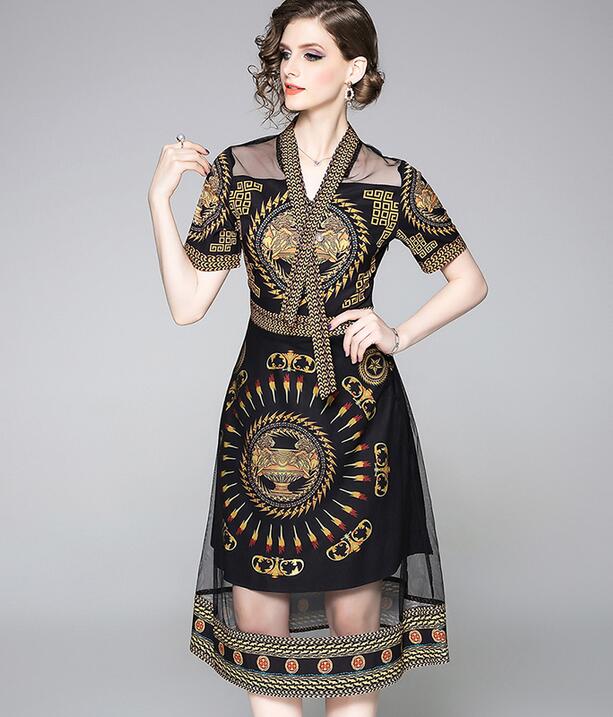 

V-neck printed short sleeve women lace dresses A-line street style dresses knee-length, Black