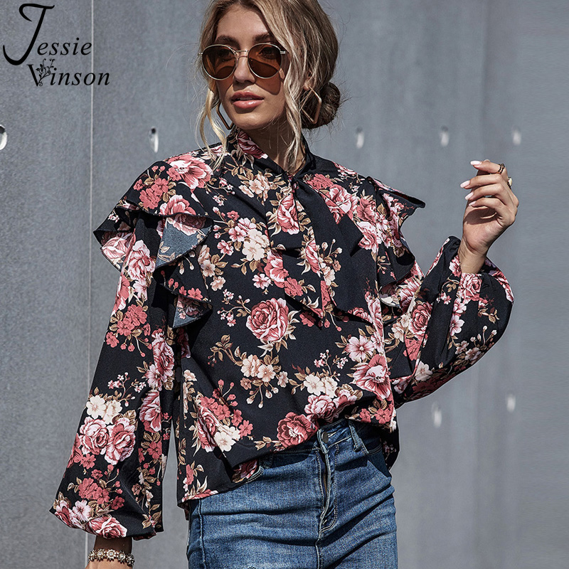 

Jessie Vinson Elegant Blouse Women Long Sleeve Bow Neck Floral Print Blouse Shirt Black Pullover Top Female Shirt 2020