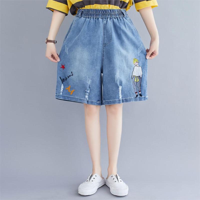 

Korean Style Fashion Ripped Jeans Shorts Women Loose Elastic Waist Casual Character Letters Embroidery Denim Shorts All-Match, Blue