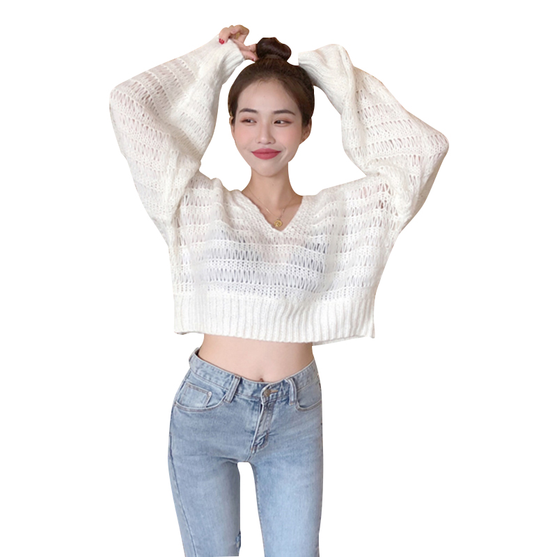 

Women Crop Top Loose Thin Pullover V-neck Sweater long sleeve for Girls, Beige
