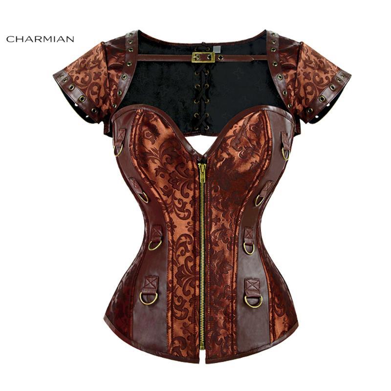 

Charmian Women's Steampunk Brocade Faux Leather Steel Boned Shrug Overbust Retro Gothic Steel Boned Overbust Corset, Brown