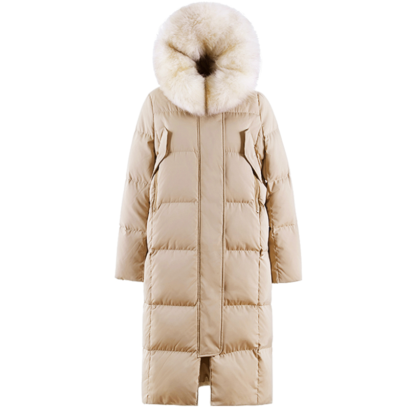 

Large real raccoon fur collar hooded down coat outerwear women medium long solid color thickening warm 2019 winter down jackets, Beige