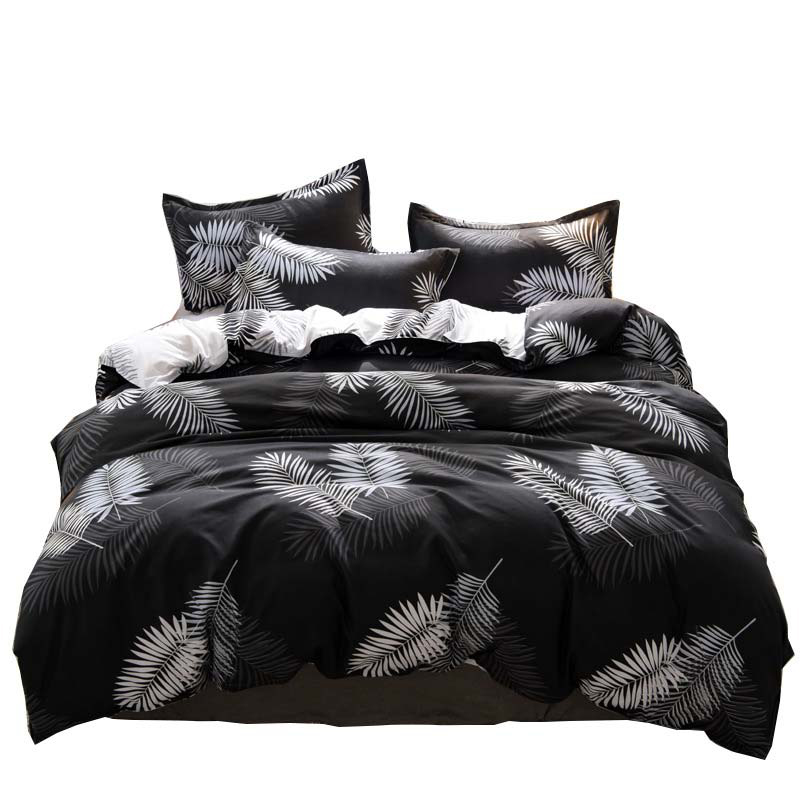 

4Pcs/Set Bedding Set Simple Black Plant Leaves Print Duvet Cover+Sheet+Pillowcase Set Double Full Queen King Size Quilt Covers Bedclothes