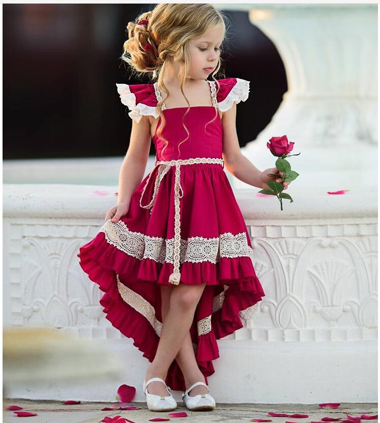 

children baby red lace cotton dress kids toddler cape sleeve lace edge swallow tail dress