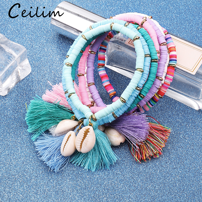 

Bohemian Shell Charm Bracelet Unisex Handmade Multi Color Resin Bead Woven Bracelet with Tassel Summer Beach Adjustable for Women Jewelry