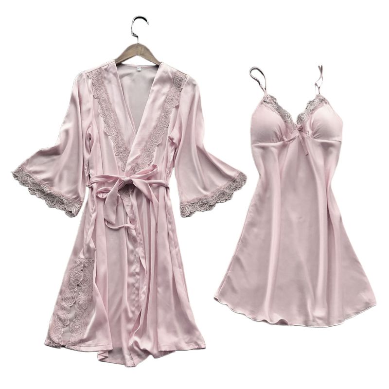 

Womens Imitation Silk Sexy Kimono Robe Nightdress 2Pcs Sleepwear Set Solid Color Floral Lace Patchwork Pajama Camisole Nightgown, As the shown