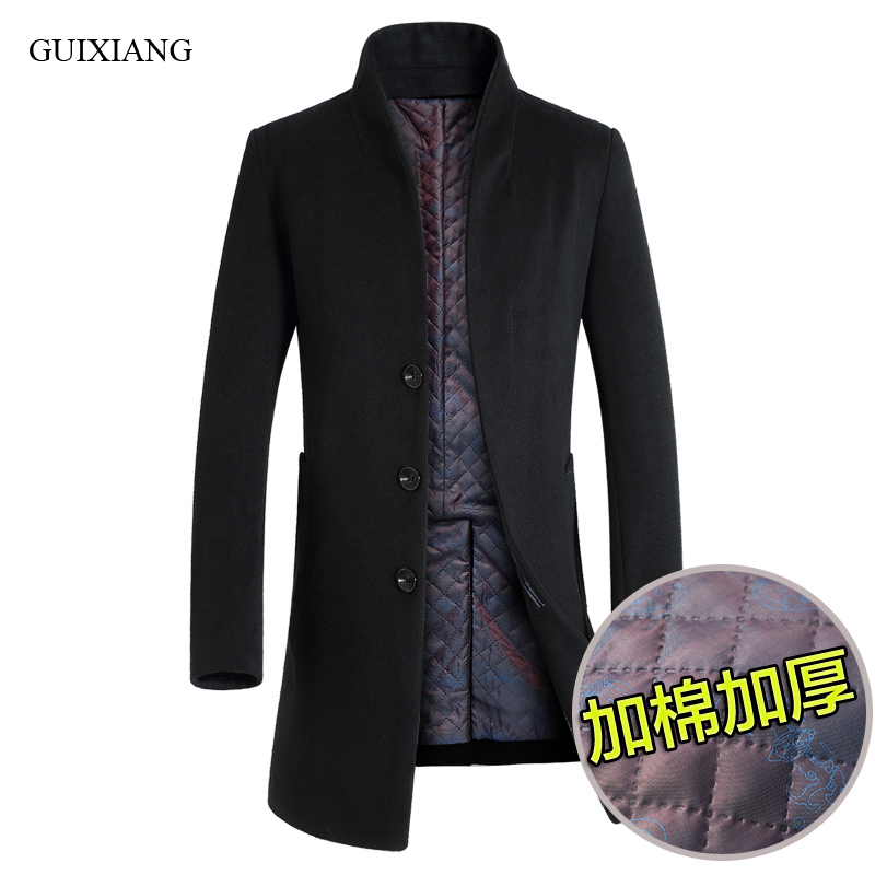 

Men high-end boutique warm woolen coat busiss casual stand collar wool add cotton trench overcoat men's long slim coat -3XL, Black