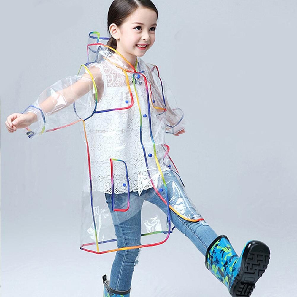 Eva Poncho Reusable Transparent Colorful Hem Hooded Waterproof Student Emergency Girls Boys Foldable Kids Raincoat Press Button tOCLy
