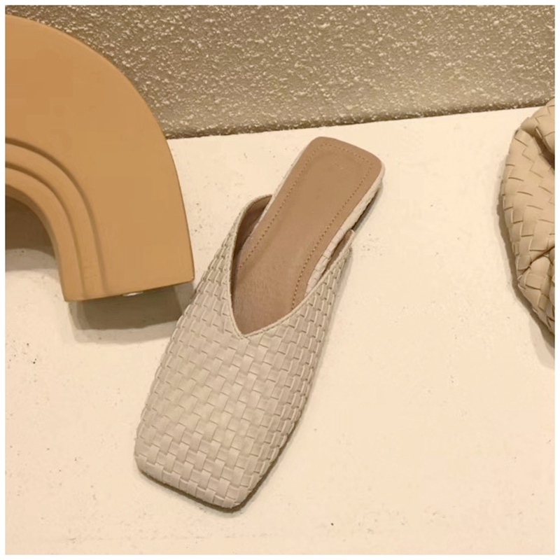 

Fashion Women Cane Weave Mule Sandal Shoes 2020 Square Toe Slippers Summer Outdoor Beach Flip Flops Slides Shoes, Beige