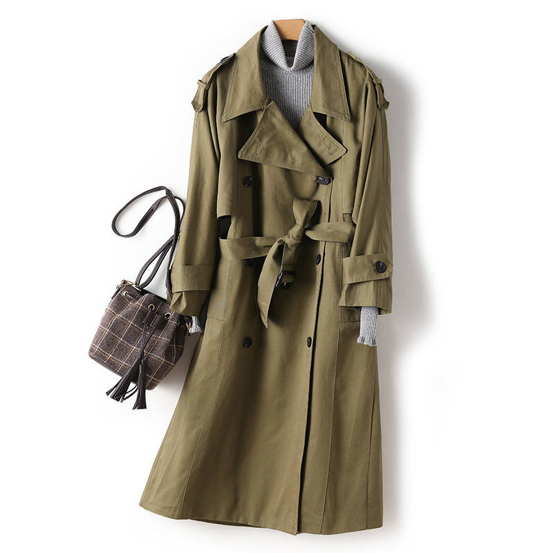 

Runway style female autumn winter long trench outwear army green women's double breasted windbreaker raincoat