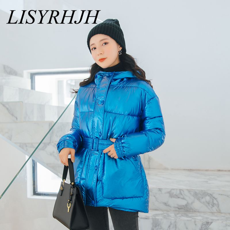 

5-color bright bright winter women's jacket fashion trend hooded down cotton coat ladies belt belt Slim warm winter parka jacket, Green