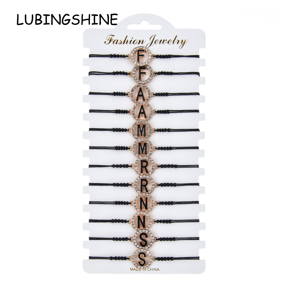 

12pcs/set Gold Letter Rhinestone Charms Bracelet Women Braided Knot Adjustable Black Rope String Anklet Wristband Jewelry