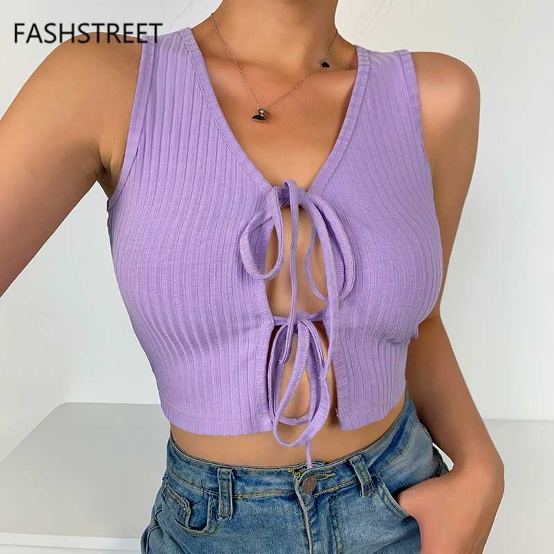 

FASHSTREET Sexy Lace Up Cross Hollow Out Tank Tops 2020 Summer Women Solid Elastic V Neck Cardigan Cropped Tops Party Streetwear, Black