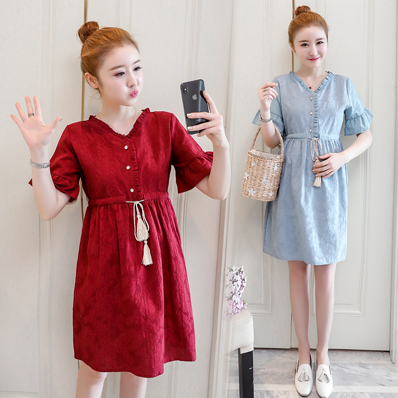 

Make pregnant women cotton pure color black dress lace lactation, Pale blue