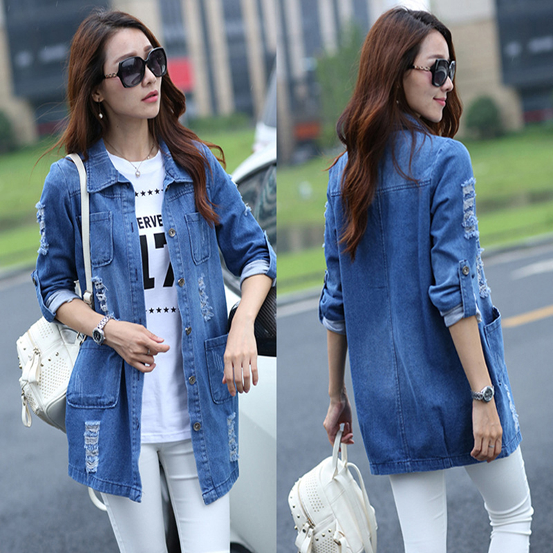 

Basic Long Jeans Coats Women Slim Ripped Denim Jacket Femme Elegant Vintage Frayed Jackets Outwear Casacos Feminino Casual Solid, Blue